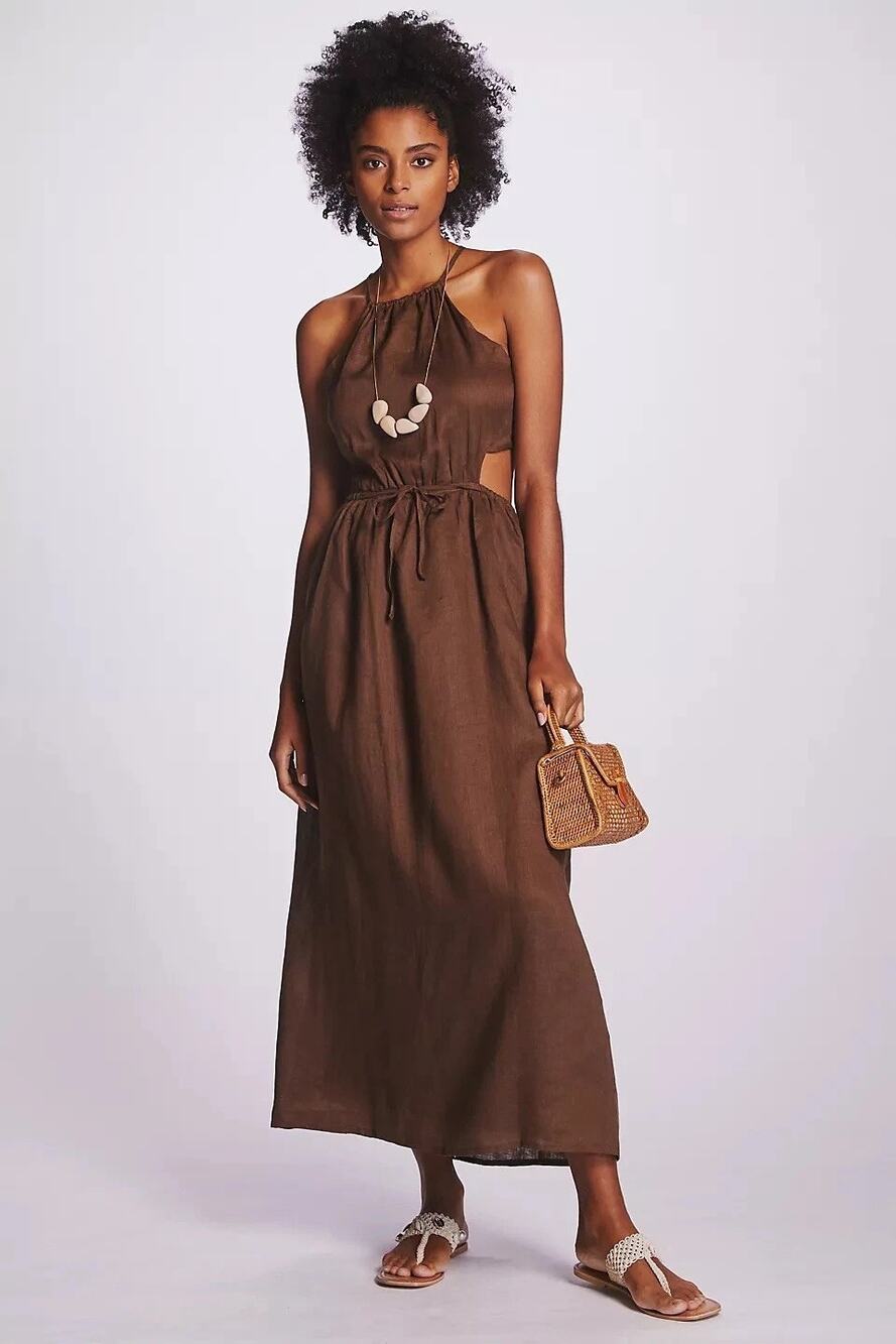 Faithfull the Brand Halter Cut-Out Linen Midi Dress in Chocolate Brown size 2